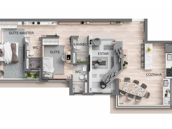 Oásis Home Resort em Alphaville — Planta de 90 m² com living ampliado do Oásis Home Resort