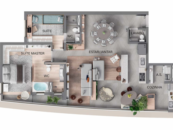Oásis Home Resort em Alphaville — Planta de 114 m² com living ampliado do Oásis Home Resort