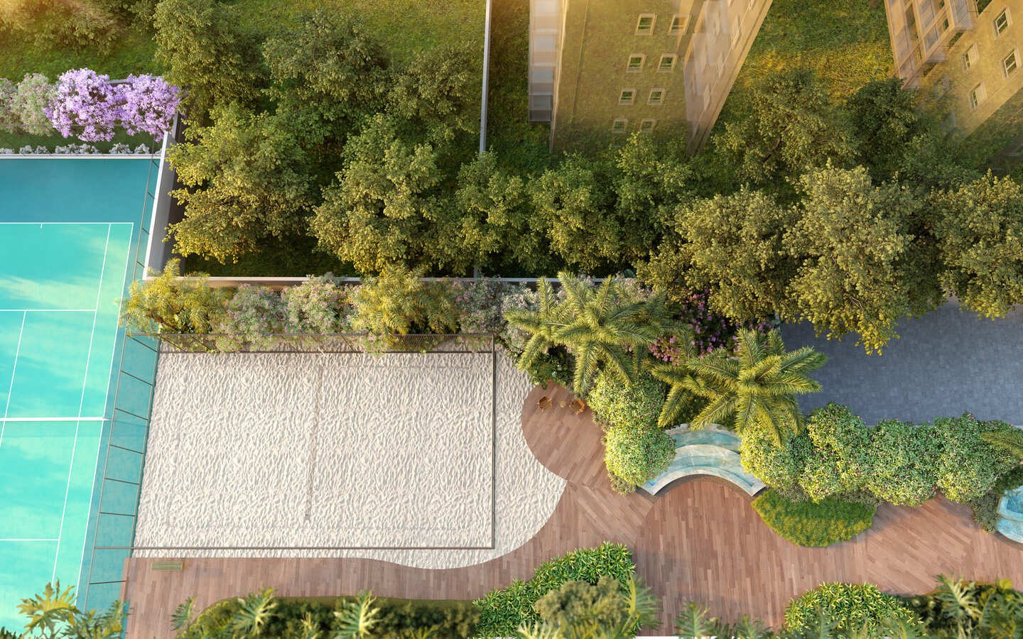 On The Sky Bela Cintra The Residences – Atendimento Especializado (11) 4237-8776 Vista aérea do lazer térreo do On The Sky Bela Cintra The Residences