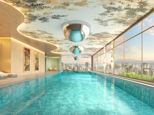 Primeira perspectiva da piscina coberta do On The Sky Bela Cintra The Residences