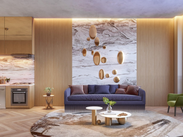 Perspectiva do living de 56 m² do On The Sky Bela Cintra The Residences