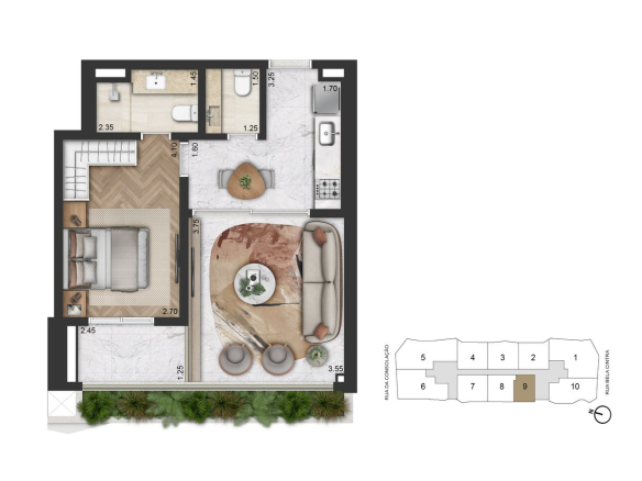 Planta padrão de 56 m² com 1 suíte do On The Sky Bela Cintra The Residences