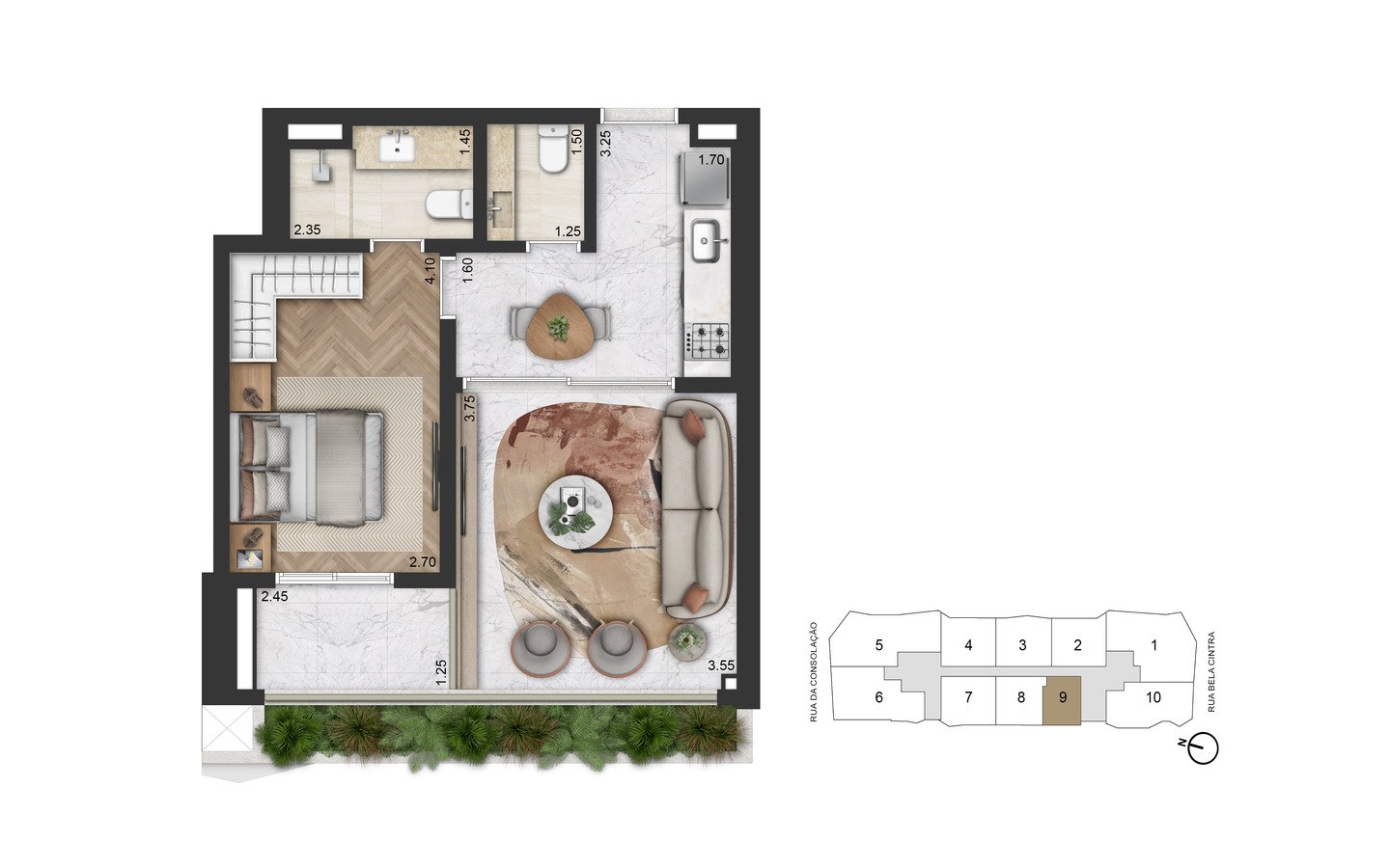 On The Sky Bela Cintra The Residences – Atendimento Especializado (11) 4237-8776 Planta padrão de 56 m² com 1 suíte do On The Sky Bela Cintra The Residences