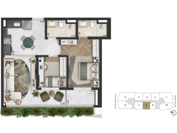 Planta padrão de 71 m² com 2 dormitórios do On The Sky Bela Cintra The Residences