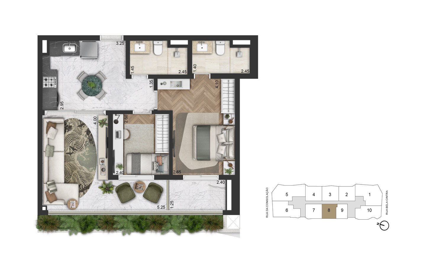On The Sky Bela Cintra The Residences – Atendimento Especializado (11) 4237-8776 Planta padrão de 71 m² com 2 dormitórios do On The Sky Bela Cintra The Residences