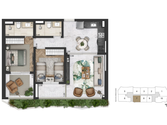Planta padrão de 82 m² com 2 dormitórios do On The Sky Bela Cintra The Residences