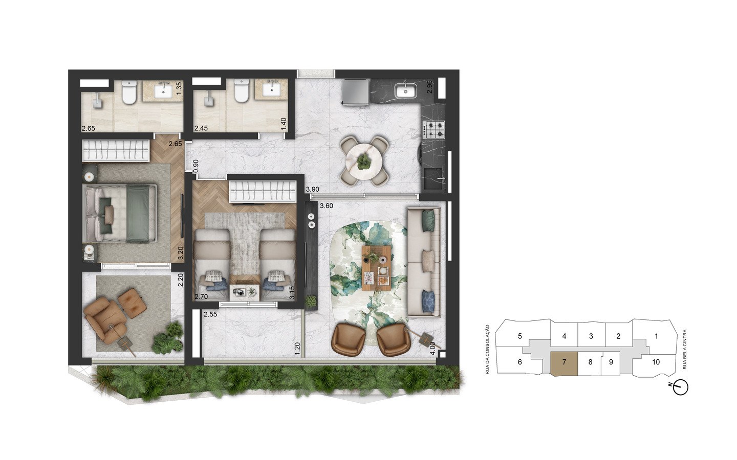 On The Sky Bela Cintra The Residences – Atendimento Especializado (11) 4237-8776 Planta padrão de 82 m² com 2 dormitórios do On The Sky Bela Cintra The Residences