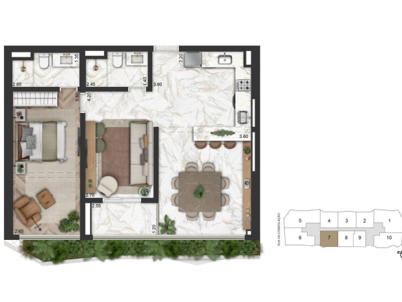 Planta alternativa de 82 m² com 2 dormitórios e sala ampliada do On The Sky Bela Cintra The Residences
