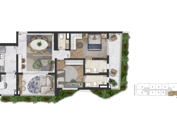 Planta padrão de 105 m² com 2 suítes do On The Sky Bela Cintra The Residences