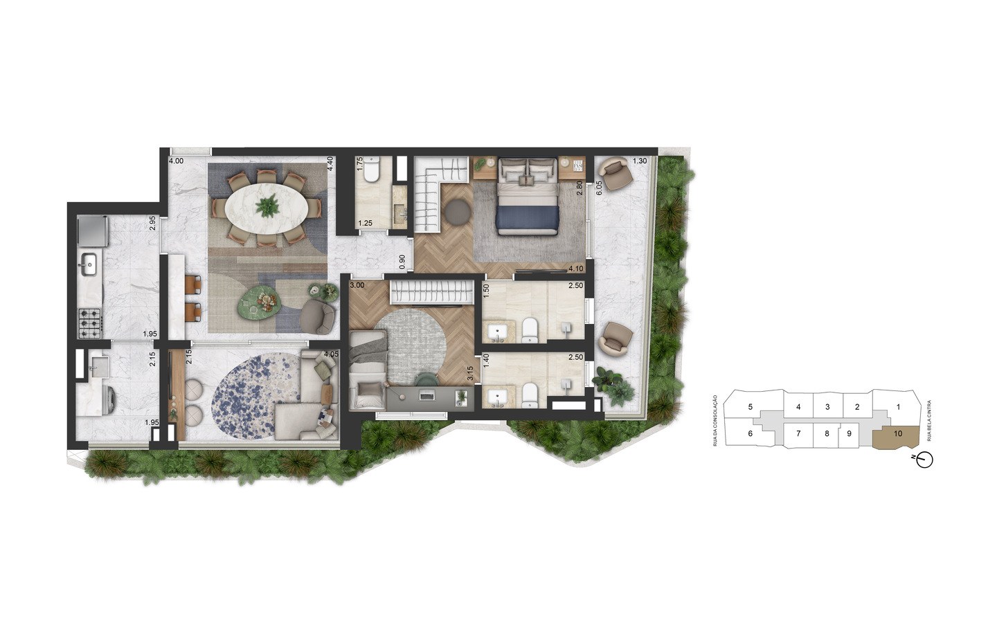 Planta padrão de 105 m² com 2 suítes do On The Sky Bela Cintra The Residences