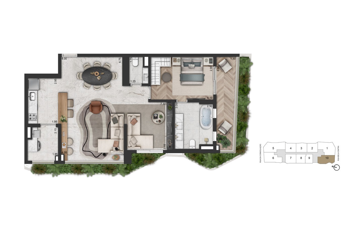 On The Sky Bela Cintra The Residences – Atendimento Especializado (11) 4237-8776 Planta alternativa de 105 m² com 1 suíte e sala ampliada do On The Sky Bela Cintra The Residences