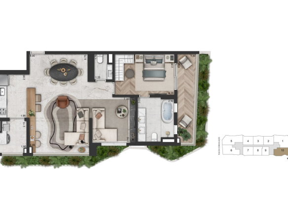 Planta alternativa de 105 m² com 1 suíte e sala ampliada do On The Sky Bela Cintra The Residences
