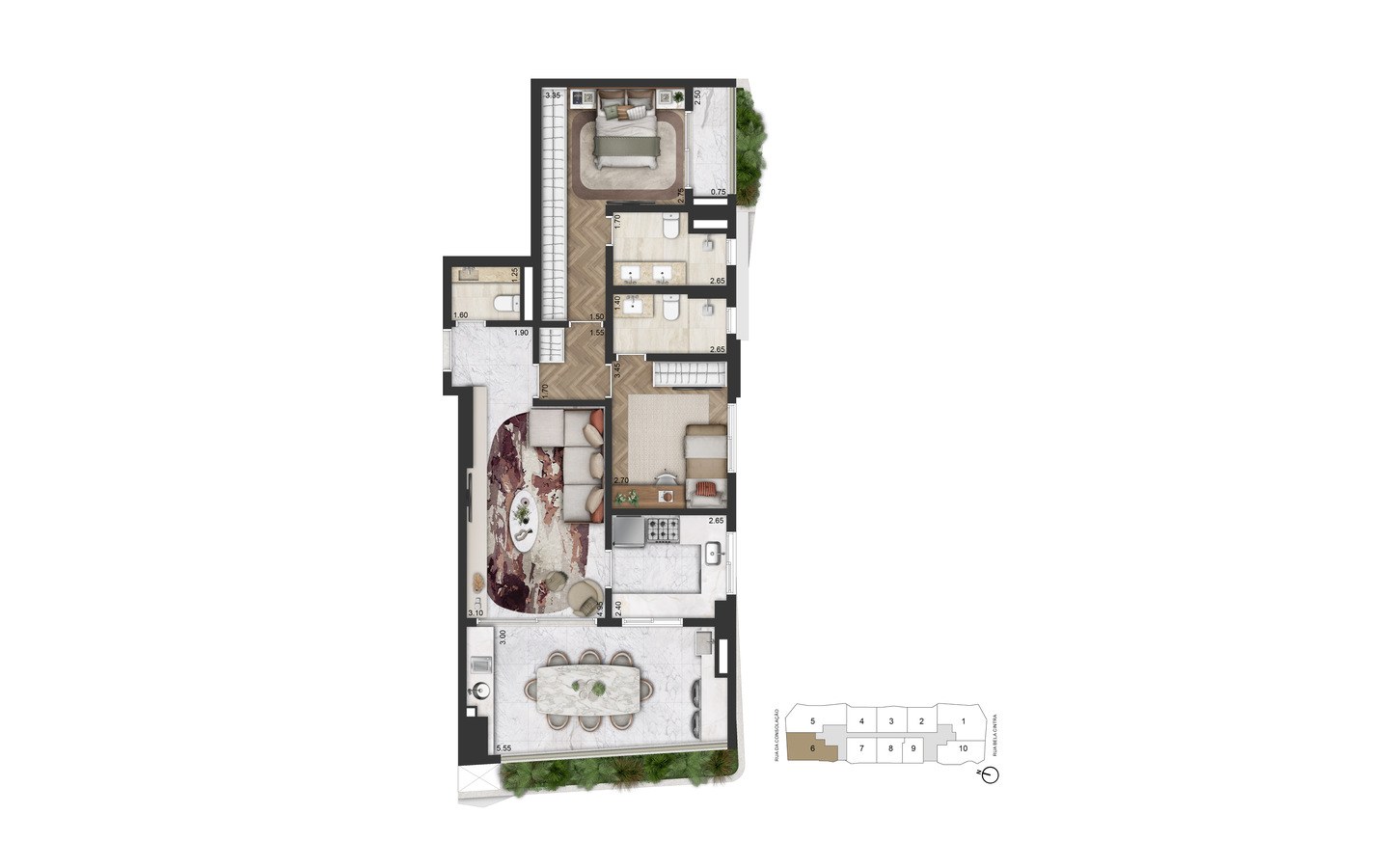 Planta padrão de 102 m² com 2 suítes do On The Sky Bela Cintra The Residences