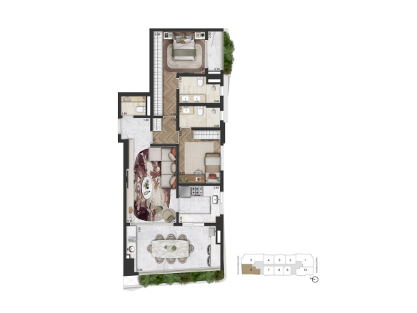 Planta padrão de 102 m² com 2 suítes do On The Sky Bela Cintra The Residences