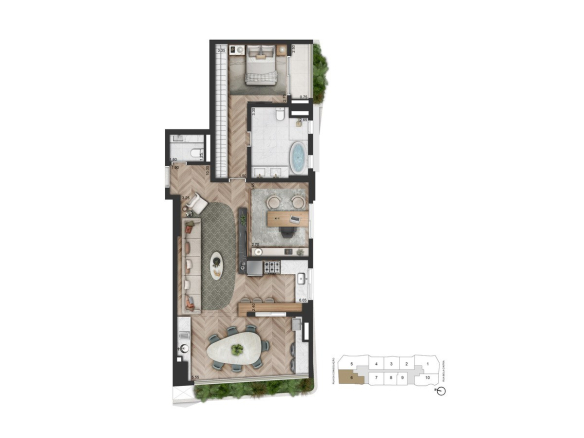 Planta alternativa de 102 m² com 1 suíte e sala ampliada do On The Sky Bela Cintra The Residences