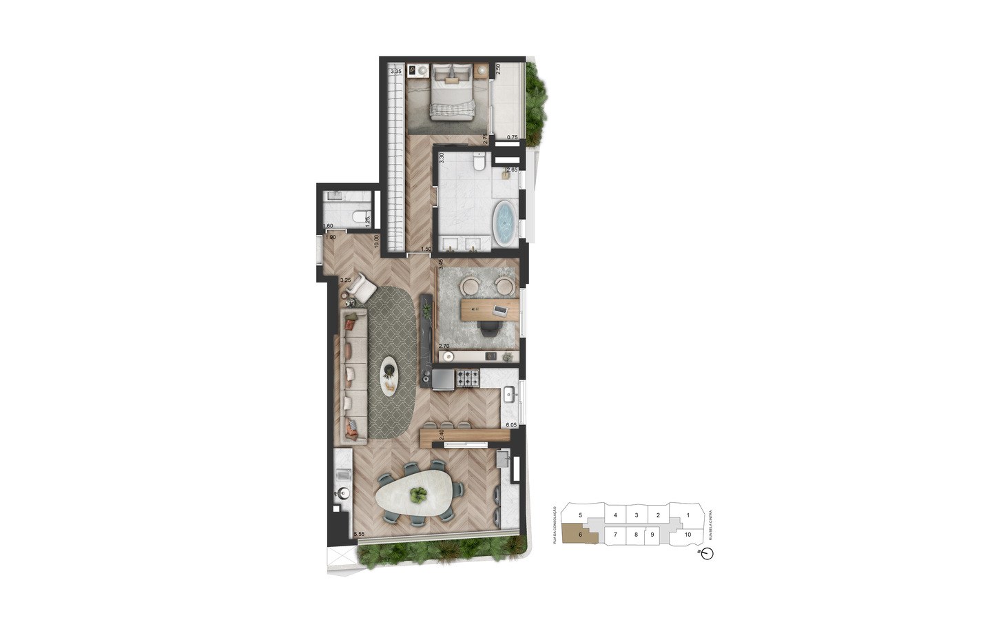 Planta alternativa de 102 m² com 1 suíte e sala ampliada do On The Sky Bela Cintra The Residences