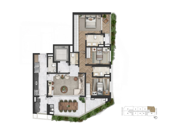 Planta padrão de 147 m² com 3 dormitórios do On The Sky Bela Cintra The Residences