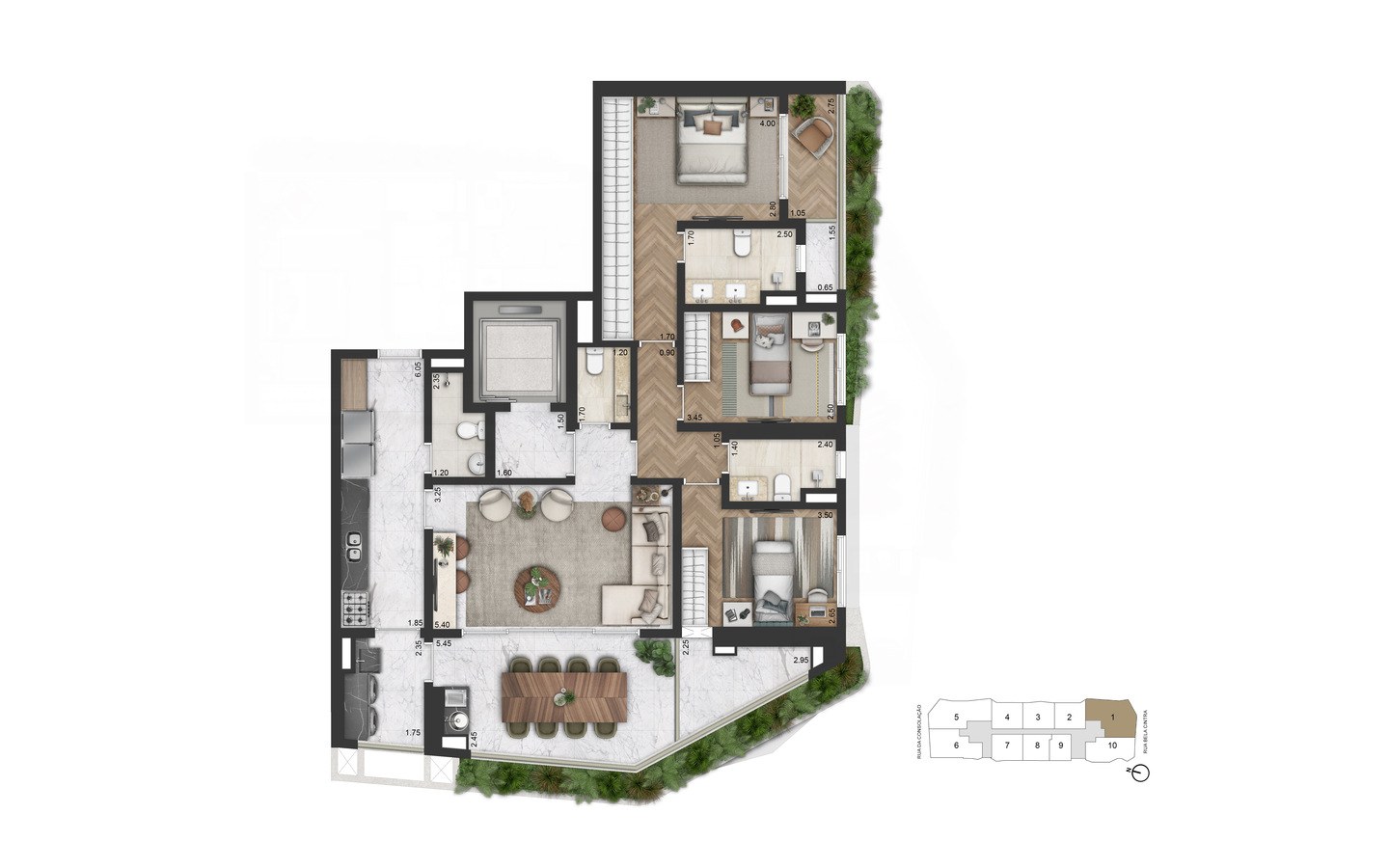 On The Sky Bela Cintra The Residences – Atendimento Especializado (11) 4237-8776 Planta padrão de 147 m² com 3 dormitórios do On The Sky Bela Cintra The Residences