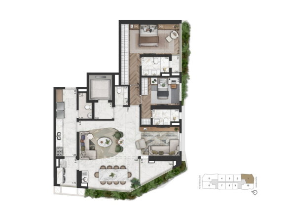Primeira planta alternativa de 147 m² com 2 suítes e sala ampliada do On The Sky Bela Cintra The Residences