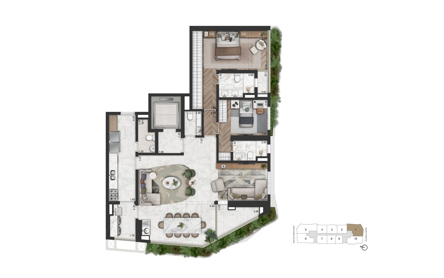 On The Sky Bela Cintra The Residences – Atendimento Especializado (11) 4237-8776 Primeira planta alternativa de 147 m² com 2 suítes e sala ampliada do On The Sky Bela Cintra The Residences