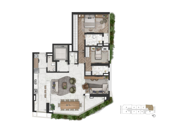 Segunda planta alternativa de 147 m² com 2 suítes e sala ampliada do On The Sky Bela Cintra The Residences