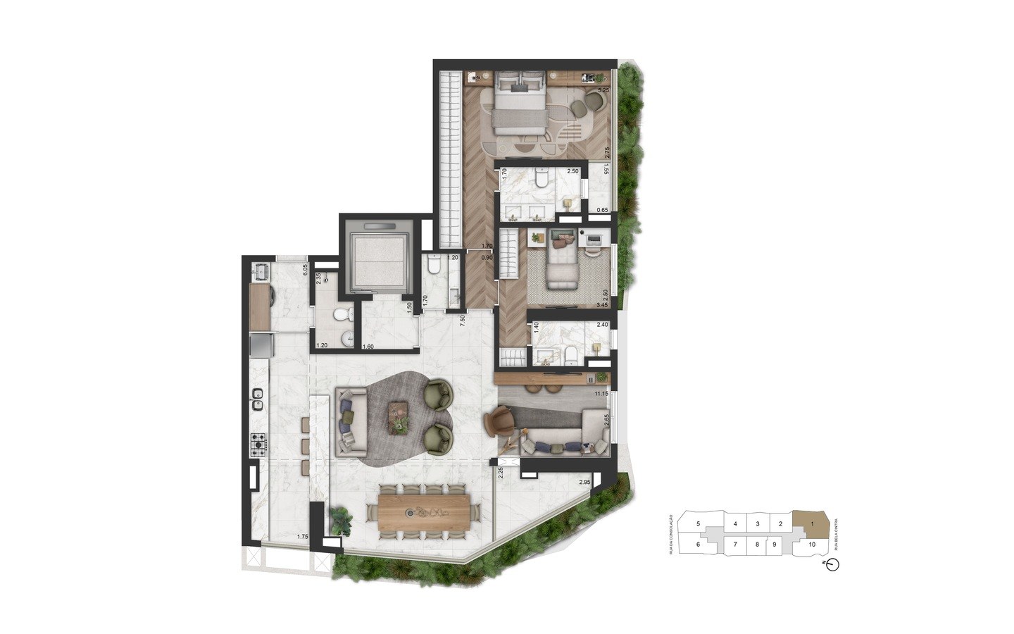 On The Sky Bela Cintra The Residences – Atendimento Especializado (11) 4237-8776 Segunda planta alternativa de 147 m² com 2 suítes e sala ampliada do On The Sky Bela Cintra The Residences