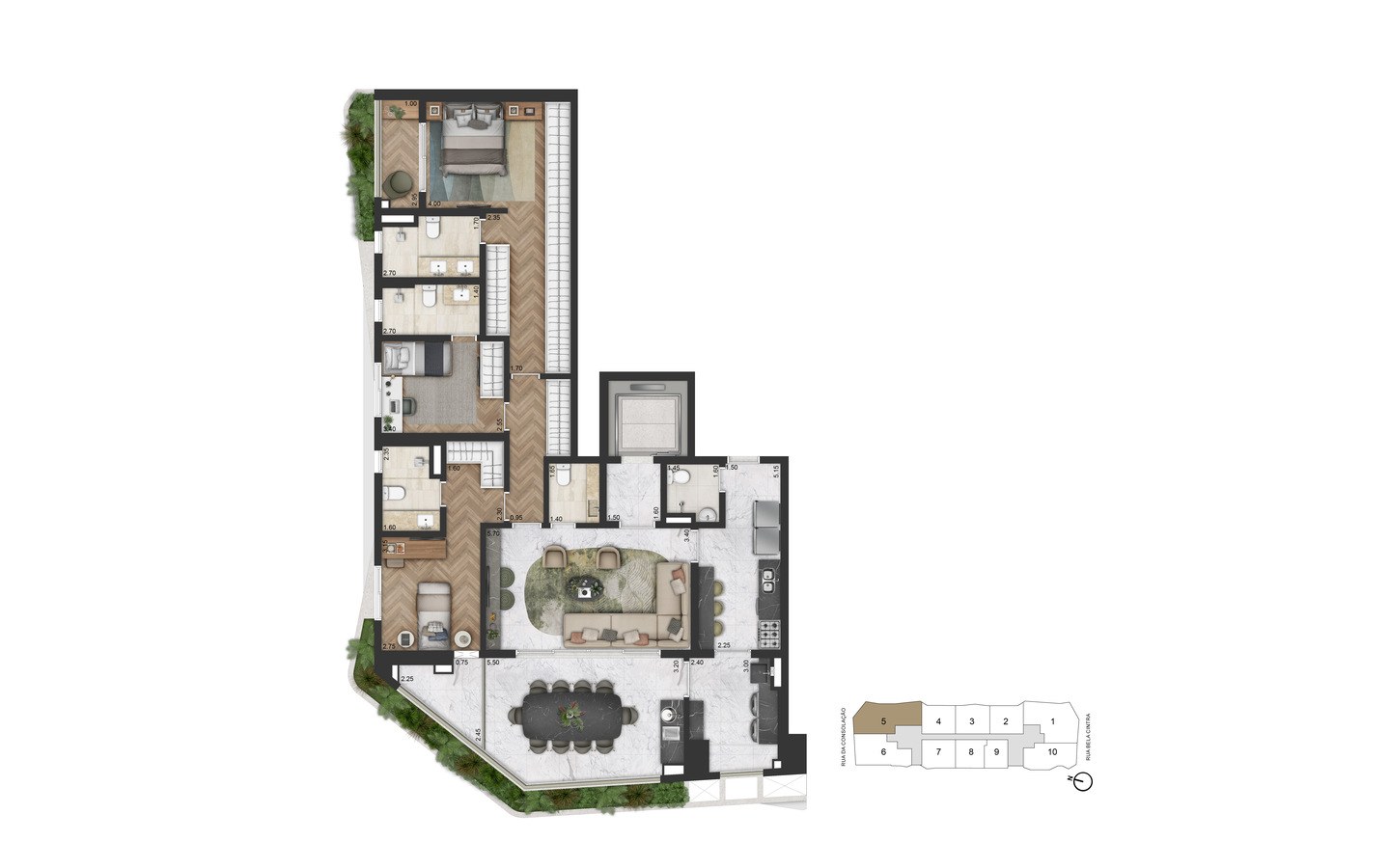 Planta padrão de 169 m² com 3 suítes do On The Sky Bela Cintra The Residences