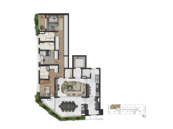 Planta padrão de 169 m² com 3 suítes do On The Sky Bela Cintra The Residences