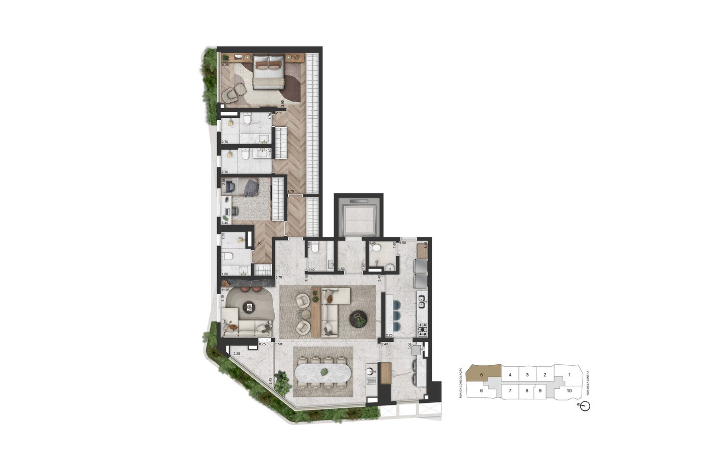 On The Sky Bela Cintra The Residences – Atendimento Especializado (11) 4237-8776 Primeira planta alternativa de 169 m² com 2 suítes e sala ampliada do On The Sky Bela Cintra The Residences