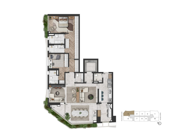 Primeira planta alternativa de 169 m² com 2 suítes e sala ampliada do On The Sky Bela Cintra The Residences