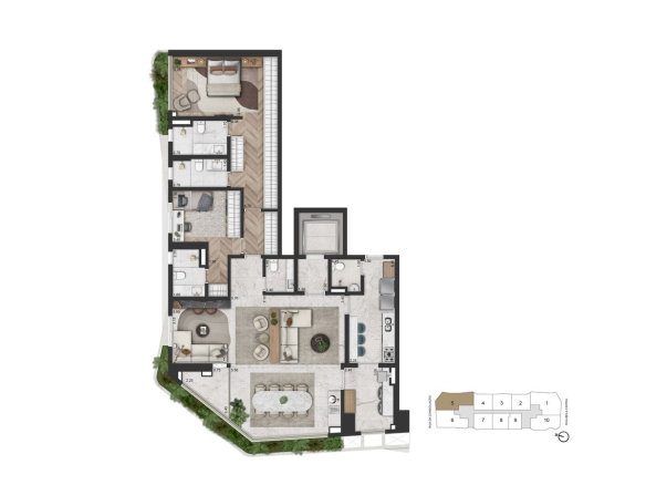 Segunda planta alternativa de 169 m² com 2 suítes e sala ampliada do On The Sky Bela Cintra The Residences
