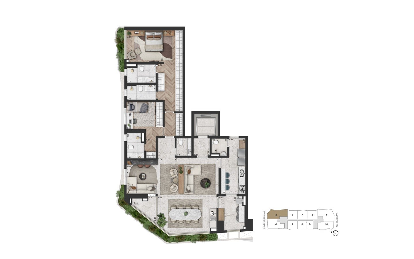 Segunda planta alternativa de 169 m² com 2 suítes e sala ampliada do On The Sky Bela Cintra The Residences