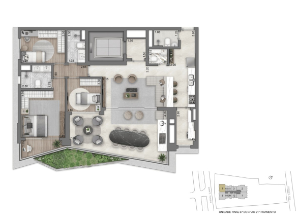 Planta de 132 m² com 3 dormitórios do On The Sky Cyrela by YOO