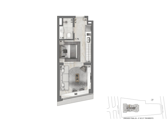 Planta studio de 31 m² do On The Sky Cyrela by YOO