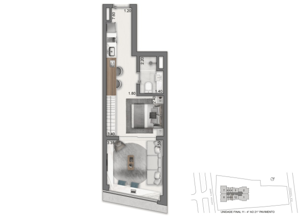 Planta studio de 36 m² do On The Sky Cyrela by YOO