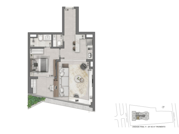 Planta de 61 m² com 1 suíte do On The Sky Cyrela by YOO