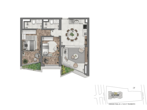 Planta de 77 m² com 2 dormitórios do On The Sky Cyrela by YOO