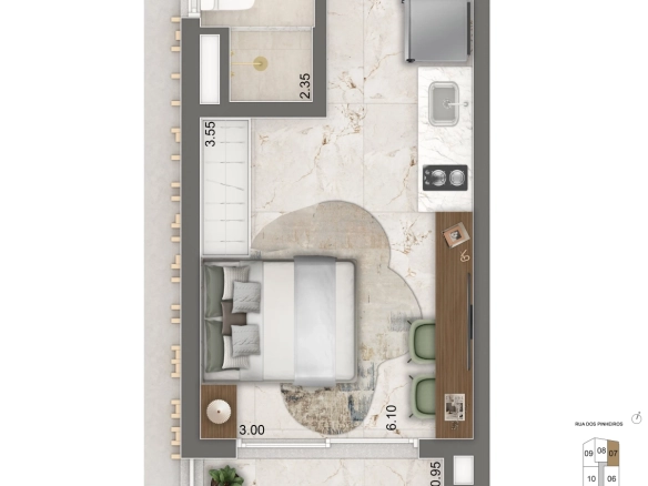 Planta do studio R2V de 24,5 m², final 1, do Epic Apartments