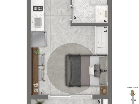 Planta do studio R2V de 24,5 m², final 2, do Epic Apartments