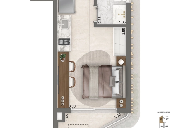 Planta do studio R2V de 26,5 m² do Epic Apartments