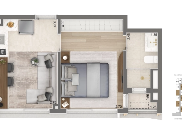 Planta do studio HMP de 31 m², opção 1, do Epic Apartments