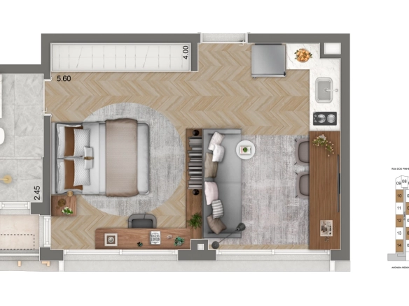 Segunda opção de planta do studio HMP de 31 m² do Epic Apartments