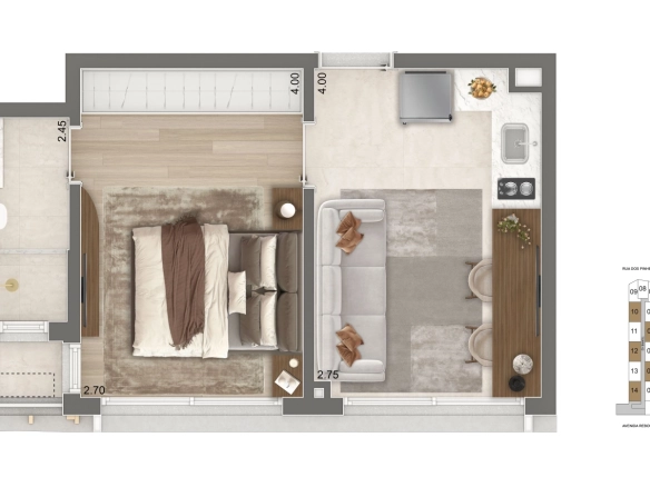 Terceira opção de planta do studio HMP de 31 m² do Epic Apartments