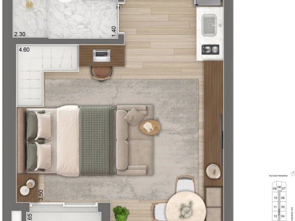 Planta do studio HMP de 32 m² do Epic Apartments