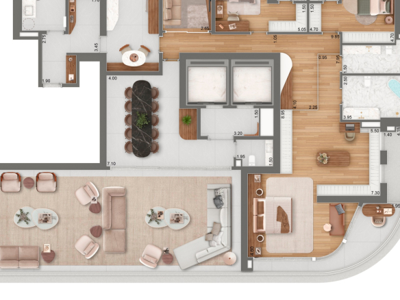 Opção decorada de planta do apartamento de 379 m² do Epic Jardim Europa