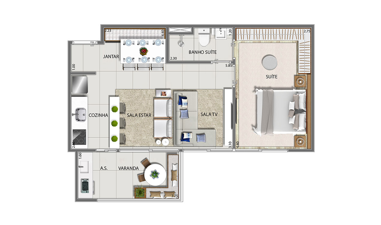 Planta oficial de 49 m² do Acqua Park Alphaville com ambientes integrados e terraço