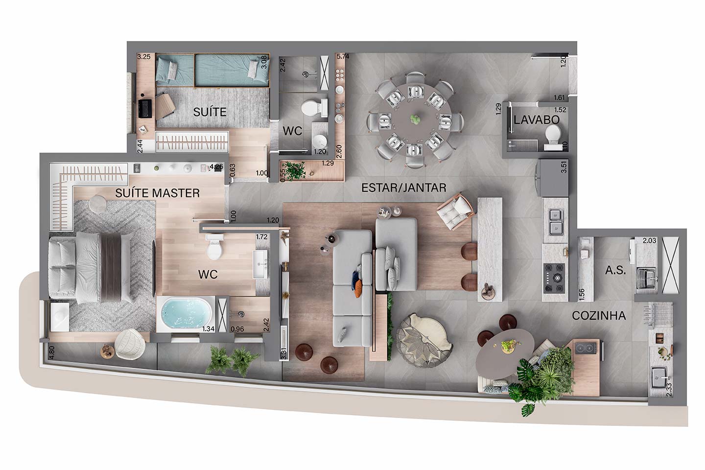 Planta completa de 114 m² com duas suítes e living ampliado do Oásis Home Resort, sem recorte