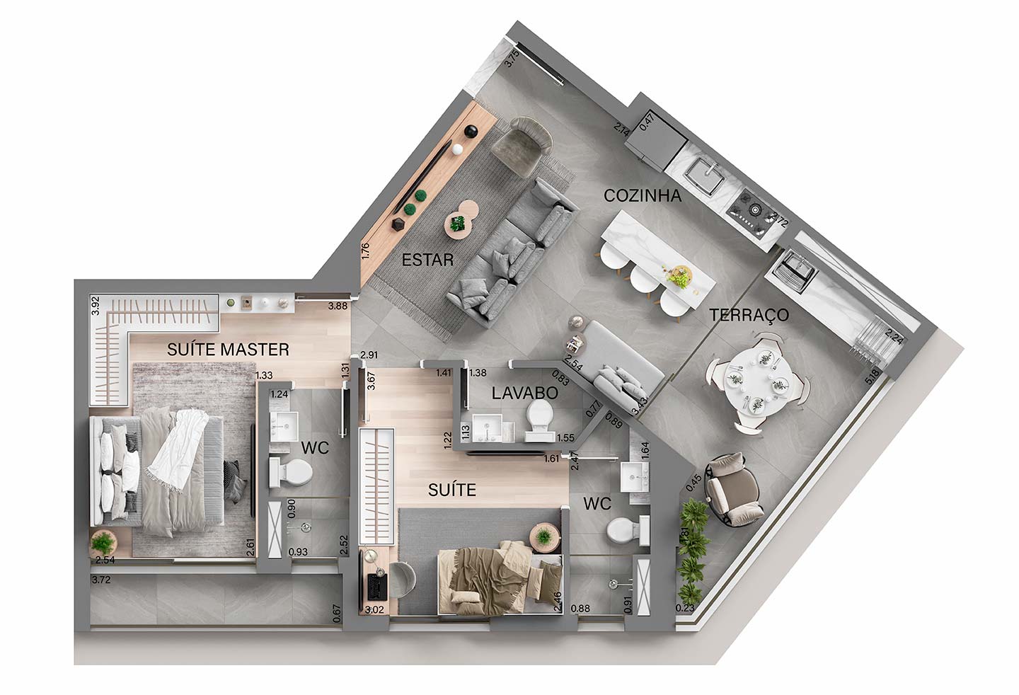 Planta completa de 74 m² do Oásis Home Resort, sem recorte