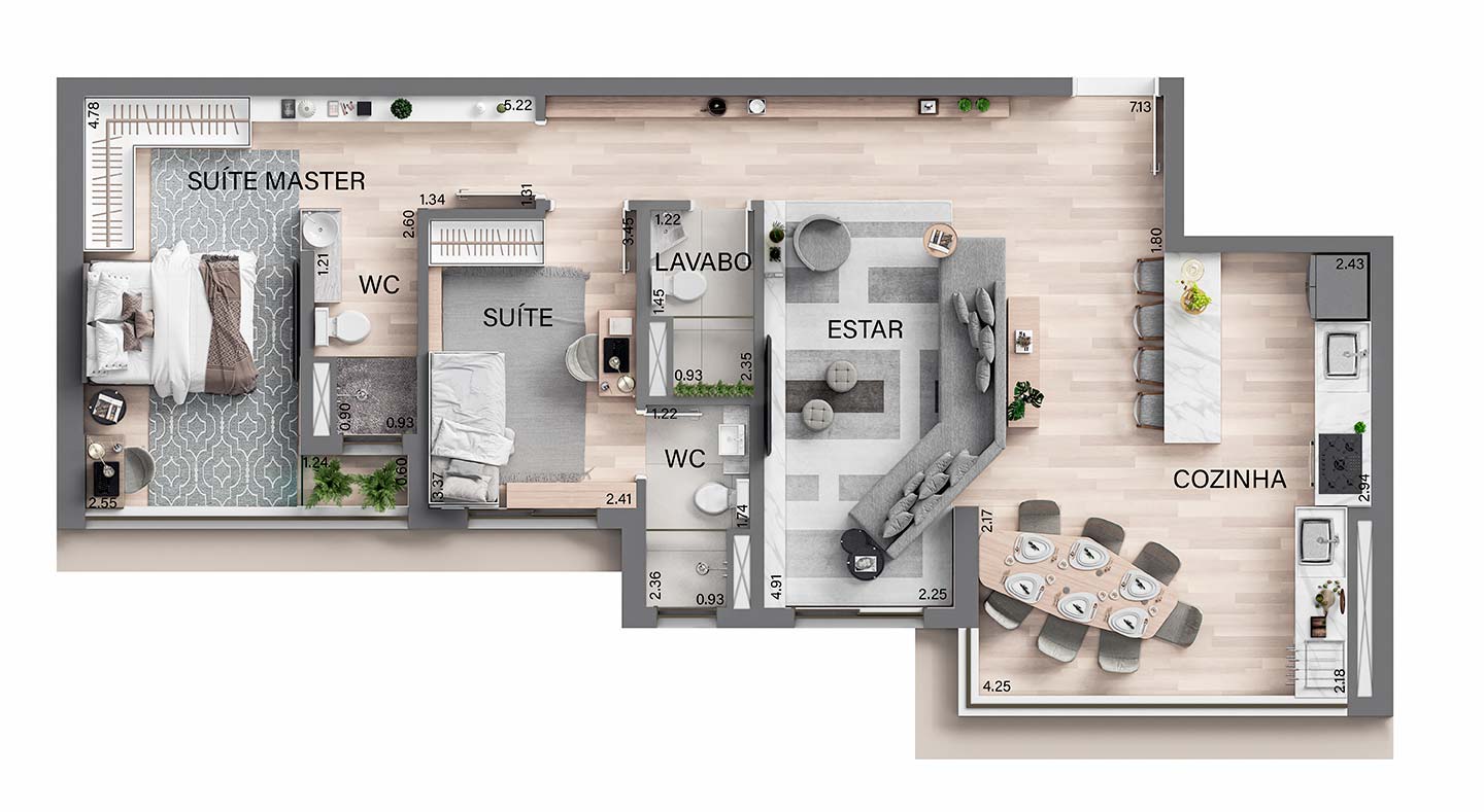 Planta completa de 90 m² com duas suítes e living ampliado do Oásis Home Resort, sem recorte