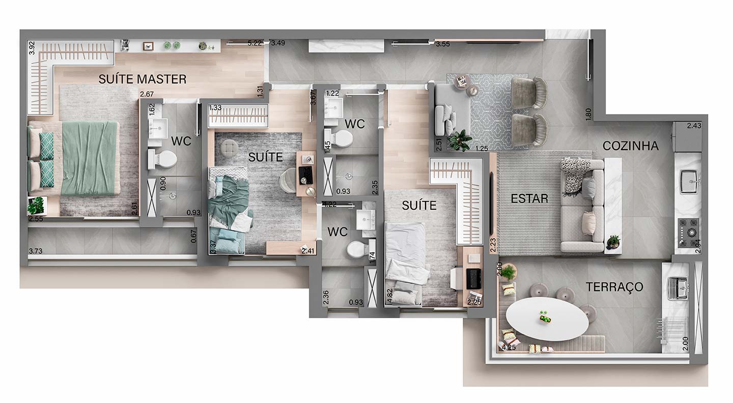 Planta completa de 90 m² com três suítes do Oásis Home Resort, sem recorte